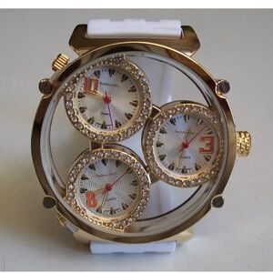 Men's Gold Finish White Silicone Band 3 Time Zone Fashion Dressy Hip Hop Watch